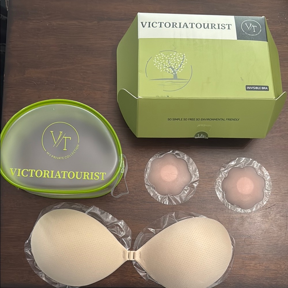 Beige Invisible adhesive silicone Bra with storage case size B cup.